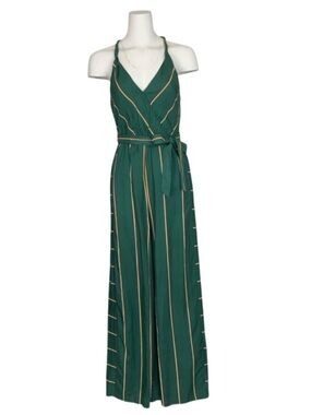 Anthropologie Forest Green Striped Halter Jumpsuit with Waist Tie